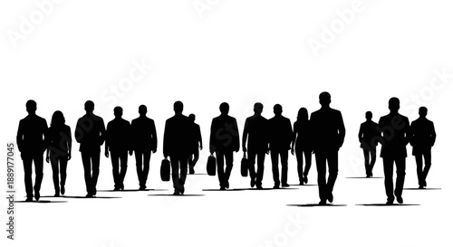 A group of business people walking in various directions on a busy street, viewed from the front