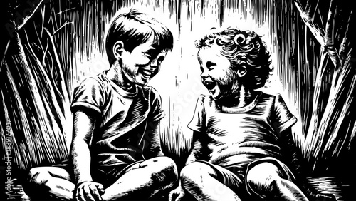 Very beautiful portrait of two young children sitting together, sharing a joyful and innocent moment, highlighting sibling bond, friendship, and childhood happiness in a bright and peaceful setting.