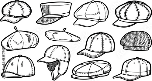 Black and white line art collection of various cap styles including trucker hat and baseball cap illustrations