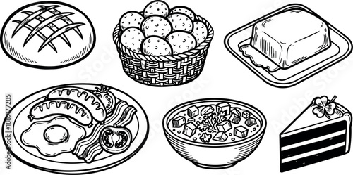 Black and white line art detailed illustration of breakfast food items including pie basket eggs sausage butter cereal and cake slice