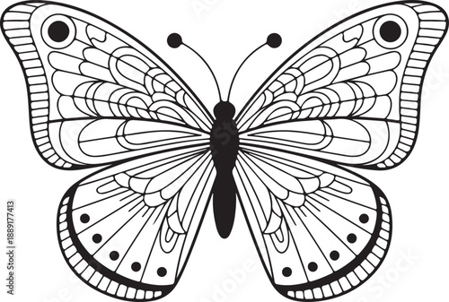 A beautifully detailed black and white outline illustration of a single butterfly showcasing intricate symmetrical wing patterns