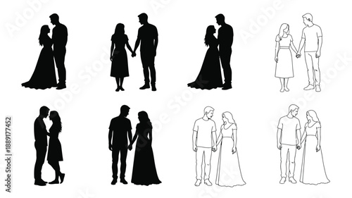 Silhouettes of couples in various poses showcasing romance and partnership