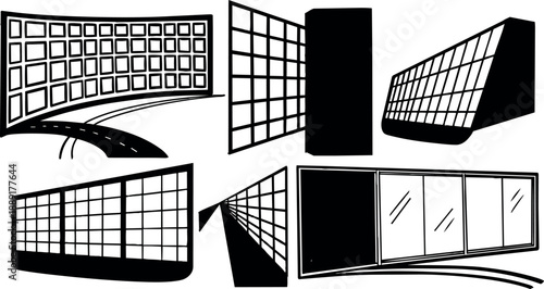 Black and white architectural sketches featuring multiple modern window designs with perspective views and grid patterns in minimalist style