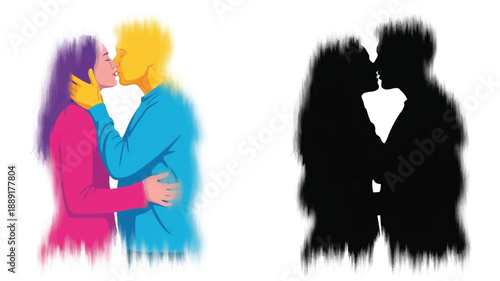 A couple passionately kissing shown in color and as a dark silhouette