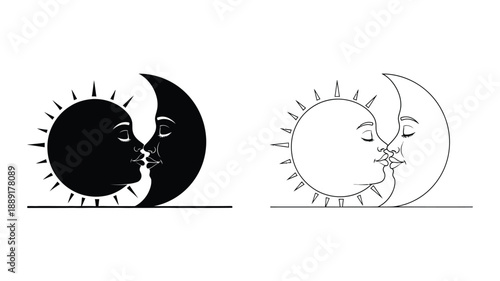 Celestial lovers the sun and moon sharing a tender kiss in two variations