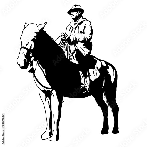 Illustration of a man riding a horse, shown in strong silhouette style. Classic western and vintage theme with clean vector lines, ideal for logos, posters, history concepts, and graphic designs.