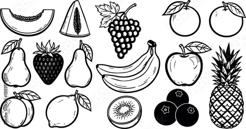 Black and white line art collection of various fresh fruits including pineapple banana apple strawberry grape pear and citrus fruits
