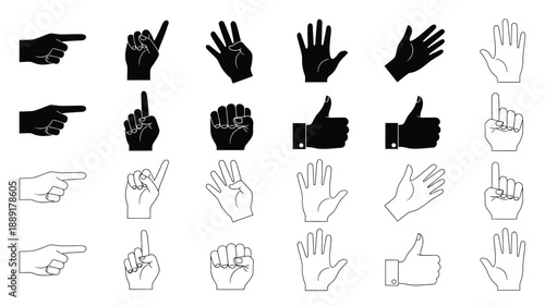 Collection of black and white hand gesture icons depicting various signs