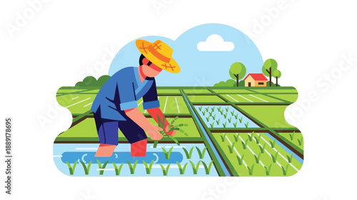 A farmer tending to a vibrant green rice paddy field with a rural home