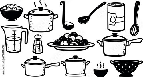 Black and white line art cooking utensils and ingredients with boiling pot and meatballs on plate illustration