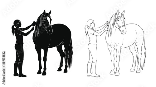 A woman interacting with a horse shown in black silhouette and white line art