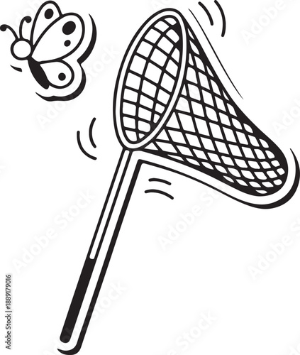 A simple black and white drawing shows a flying butterfly escaping a persons butterfly catching net