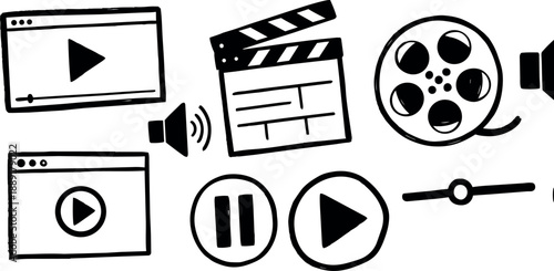 Hand drawn line art media icon set close up play pause buttons film reel clapper board video window volume slider black