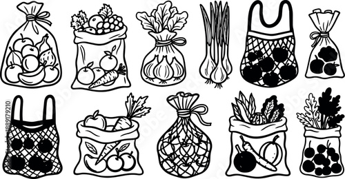 Black and white line art illustration of reusable mesh bags filled with fruits and vegetables eco shopping concept clear style