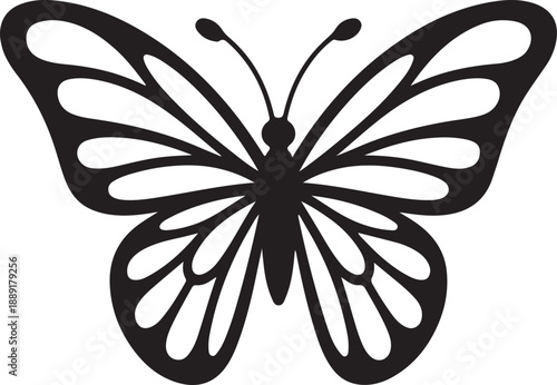 Detailed black butterfly silhouette with intricate white patterns on its wings against a white background