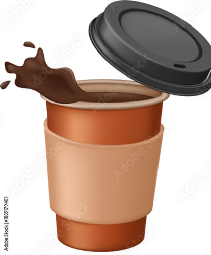 A coffee cup with a black lid is shown from a side angle with a splash of coffee
