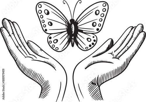 Graceful Outline Drawing of Cupped Hands Gently Presenting a Delicate Butterfly in Flight