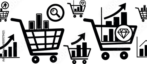 Black shopping carts with rising sales graph and diamond icon seamless pattern ecommerce growth concept