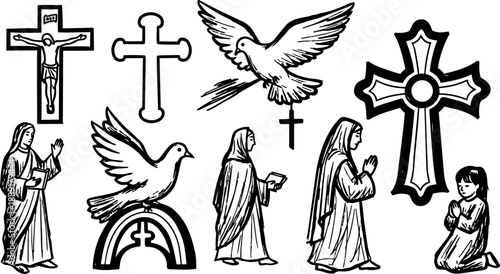Line art religious icons set showing crosses, doves, praying women and child, rainbow motif, vintage black and white illustration silhouettes