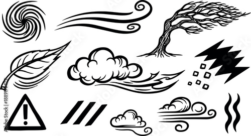 Hand drawn black and white wind and weather icons set with clouds leaves and warning sign in simple line art style