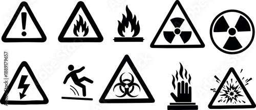 Black and white hazard and warning symbols including fire, biohazard, radiation, electric shock, and explosion icons in simple vector design