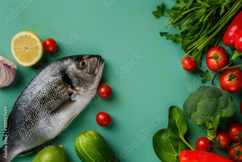 Fresh fish with lemon, tomatoes, cucumbers, and basil on a green background, perfect for healthy cooking inspiration.