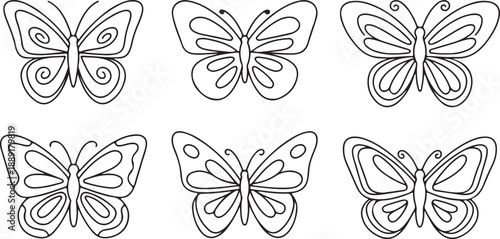 Six simple black line art butterfly outlines showing various wing patterns on a white background