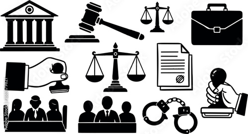 Black and white courtroom law icons set with judge gavel scales documents stamps and handcuffs collection
