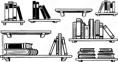Black and white line art of various books arranged on simple floating shelves in neat stacks and leaning positions
