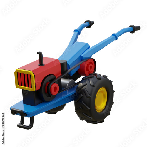 A 3D render of a cartoon-style, red and blue walking tractor with large yellow-rimmed wheels, designed for agricultural or garden use
