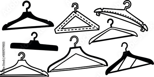 Black and white line art collection of various clothes hangers in different shapes and angles isolated on white background