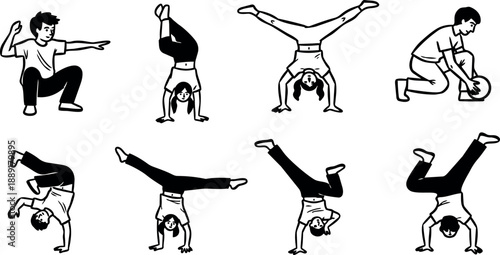 Black and white line art dynamic male figure performing various breakdance poses and handstands sequentially
