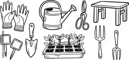 Black and white line art gardening tools set including gloves watering can scissors table and seedlings tray detailed illustration