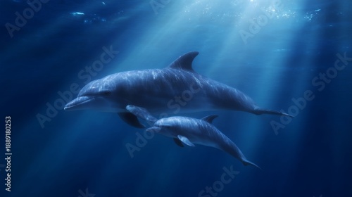 A graceful dolphin swims alongside its young calf in the deep blue ocean. This serene underwater scene captures the beauty of marine life and their natural habitat