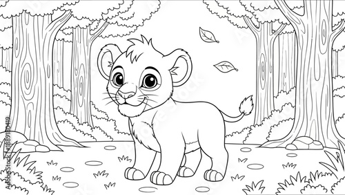 A cartoon lion cub stands in a forest clearing surrounded by trees and foliage