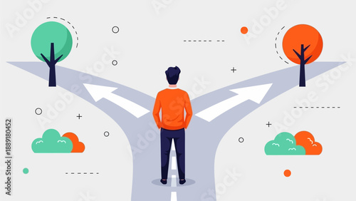 Man standing at crossroads with divergent paths and trees