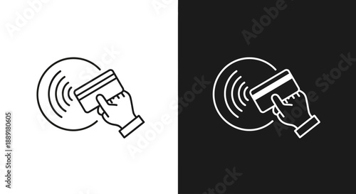 Hands holding cards with wireless payment signals surrounding them in a simple line art style illustration