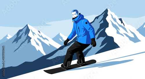 Snowboarder in action on mountain slope with snowy peaks in the background, viewed from behind