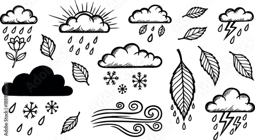 Black and white doodle weather icons including clouds rain snow lightning wind and falling leaves in hand drawn style