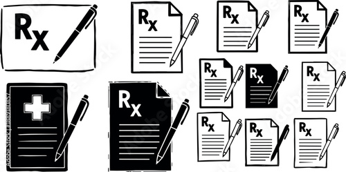 Black and white line art set of various medical prescription forms and documents with pen icons in different styles and layouts