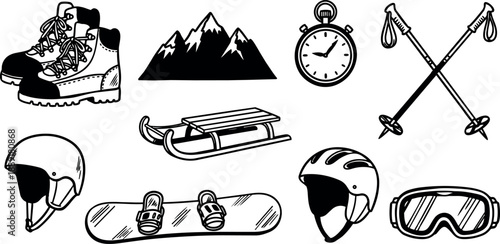 Black and white line art winter sports icons including boot helmet goggles snowboard sled and ski poles timer
