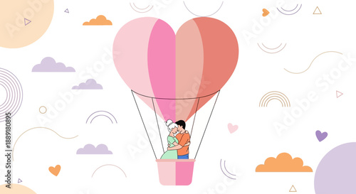 Romantic journey in a heart-shaped hot air balloon with a loving couple embracing, symbolizing affection, adventure, and companionship against a whimsical sky