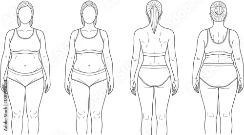 Female body shape illustration front and back views, plus size woman anatomy reference, fitness health comparison, black white line art