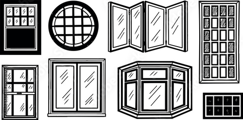 Black and white line art set of nine window designs various angles symmetrical layouts isolated on white background