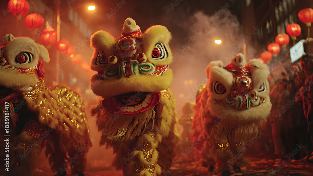Fototapeta premium Traditional Chinese Lion Dance Performers During Festival Celebration.