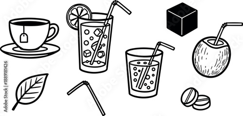 Black and white line art illustration of coffee cup iced drink coconut drink coffee beans and leaf sketch style