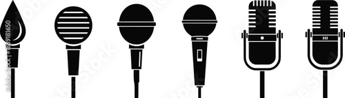 Microphone silhouette icon illustration set showing vintage and modern audio recording equipment, music podcast broadcast concept, black white vector design