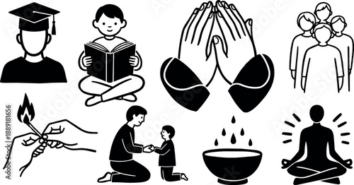 Black simple icons of graduate, child reading, praying hands, family, lighting match, parent teaching child, bowl with rising steam, person meditating silhouette