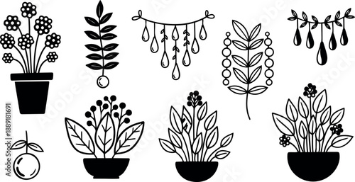 Black silhouette floral arrangements including potted flowers and ornamental hanging decorations isolated on white background