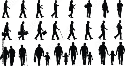 People walking silhouette illustration set showing men women children and elderly, daily life movement stages, society concept, black white vector art